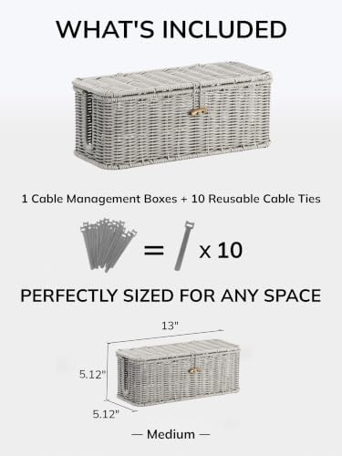 Cable Management Box, Cord Organizer with Lid & Cable Ties - Gray, M - Image 2