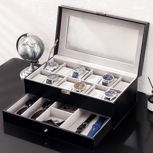 ProCase Watch Box, 12 Slot Watch Case for Men with Drawer, Black - Image 5