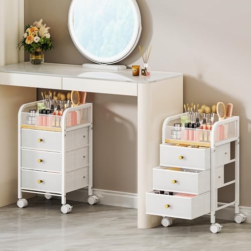Rolling Makeup Organizer Cart - Under Desk Vanity Makeup Storage with 3 Non-woven Drawers, Nail Cart Organizer Cosmetic Display Cases Cabinet for Skin Care Perfume Nail Polish Brush Hair Tool by SwtyMiki-TidyHomeSweetLife