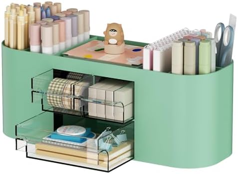 Marbrasse Desk Organizer Pen Holder for Desk with 3 Drawers, Multi-Functional Pencil Holder, Desk Organizers and Accessories with 7 Compartments for Home, School, Classroom(Green) by Marbrasse
