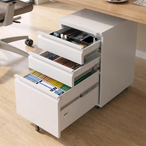 3 Drawer White File Cabinet with Lock, Rolling Under Desk Cabinet by TEEALUBAN