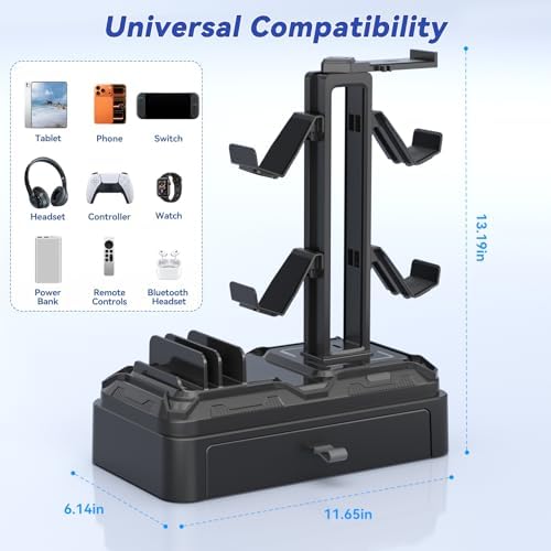 KDD Headphone Stand with Drawer - Rotatable Headset & Detachable Controller Holder for Desk - Multifunctional Organizer with Device Slot for Phones, Tablets - Universal for Gaming Accessories - Image 2