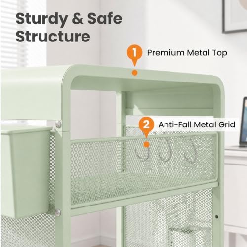 Small 3 Tier Printer Stand for Under Desk, Height Adjustable Shelf Printer Table with 3 S-Hooks & Basket, Heavy Duty Industrial Storage Shelf for Home Office (Sage Green) - Image 6