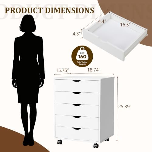5 Drawer Rolling Storage Cabinet, Mobile File Cabinet for Office, White - Image 3