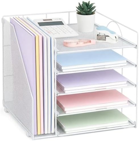 Desk Organizers and Accessories, 5-Tier Paper Letter Tray Organizer with File Holder, Desktop Organizer for Office Supplies (White) by Stylishworkspaceeffortlessorganization
