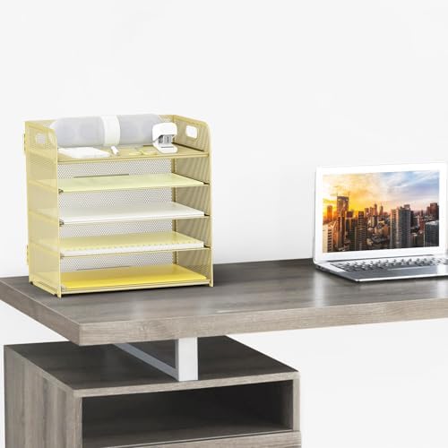 Letter Tray Paper Organizer 5-Tier Desk Organizer File Organizer Paper Holder with Handle, Metal Desktop Document Shelf Tray Office Classroom Organization - Gold - Image 3