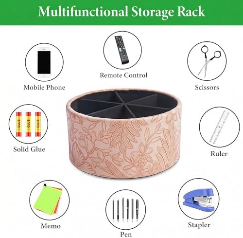 Remote Control Holder, 360°Spinning PU Leather Desk TV Remote Caddy,Desk Storage Box Room Accessories for Controller, Media,Mail,Calculator, Mobile Phone,Pencil(1-Carved Pink) - Image 5