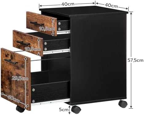 HOOBRO 3-Drawer File Cabinet, Wooden Under Desk Filing Cabinet, fits A4/Letter Size for Home Office, Small Rolling Storage Drawer Chest, Printer Stand with Drawers, Rustic Brown and Black BF02WJ01G1 - Image 3