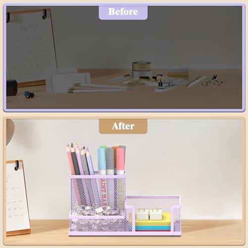 Mesh Pen Holder Desk Organizer, Office Supplies Pencil Storage with 3 Compartments, Office Desk Accessories and Workspace Organizers for Home School Classroom, Purple - Image 7