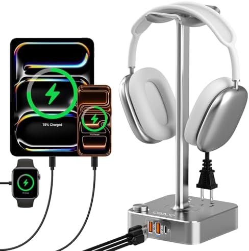 Headphone Stand with Charger, USB C, Gifts for Gamers Men, Gray by COZOO