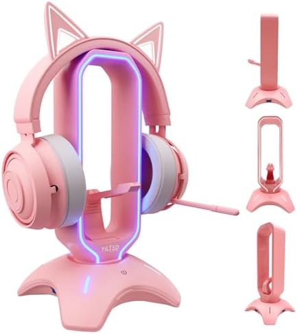Cute Headphone Stand Pink | Headset Stand with RGB, Mouse Bungee Holder, and 2 Port USB Hub Charger - Desk Gaming Accessories by TiltedNation