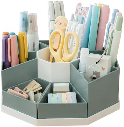 360 Degree Rotating Desk Organizer Caddy with 9 Compartments, Large Capacity Detachable Pencil Holder for Desk, Desktop Storage for Office, School, Home, Dressing Table (Sage Green with White Base) by Chemlliy