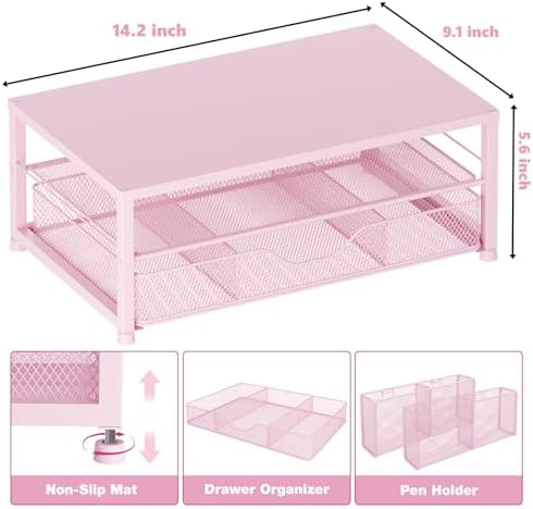 Desk Organizer and Accessories, 2-Tier Computer Monitor Stand Riser with Drawer and 2 Pen Holders, Laptop Stand, Office Desk Accessories for Office Supplies, Pink - Image 3