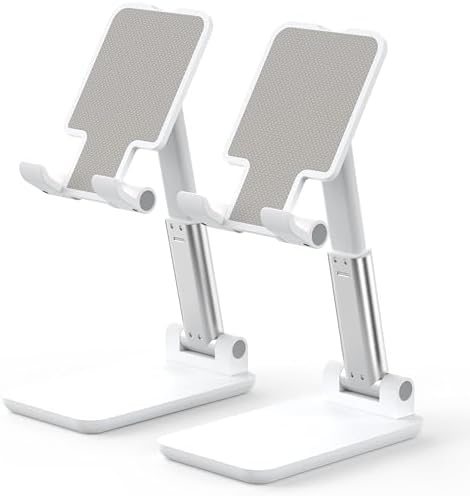 Cell Phone Stand, Adjustable Angle and Height Cell Phone Holder for Desk, Foldable and Portable, Anti-Slip Silicone Pad, Compatible with All Mobile Phones and 4-8 Inch Devices (White&White) by HZZADZXW