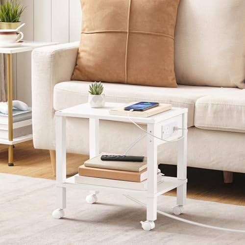 HOOBRO 2-Tier Printer Stand with Charging Station, Under Desk Printer Table, Printer Cart with Storage Shelves, Shelf for Small Spaces, for Home Office, White WT38UPS01 - Image 4