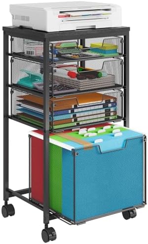 Rolling File Cart with 4 Storage Drawers, Mobile File Cabinet with Wheels, Hanging File Organizer, Under Desk Printer Stand Utility Cart Filing Cabinet for Home Office, Black by shengbaomaoyi