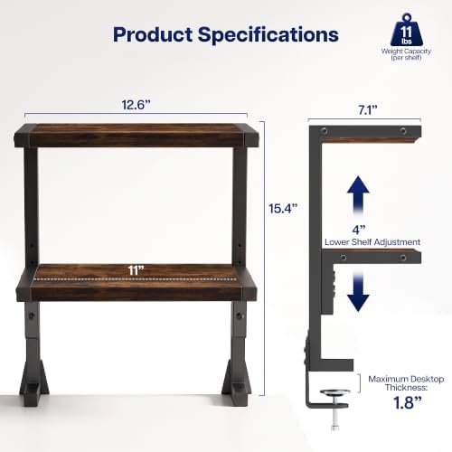 VIVO Vintage Brown Clamp-on 13 inch 2-Tier Desk Shelf, STAND-SHELF2C-N - Image 3