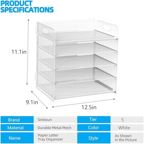 Letter Tray Paper Organizer 5-Tier Desk Organizer File Organizer Paper Holder with Handle, Metal Desktop Document Shelf Tray Office Classroom Organization - White - Image 2