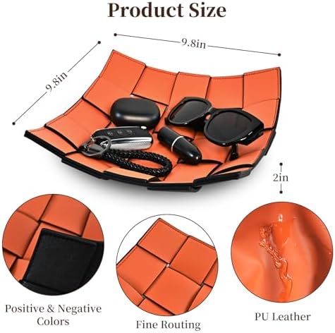 Valet Tray PU Leather Key Holder Bowl for Women and Men Entryway Table Nightstand Desk Tray for Wallet, Keys Men's Gift - Orange & Black, 9.8" L x 9.8" W x 2" H - Image 2