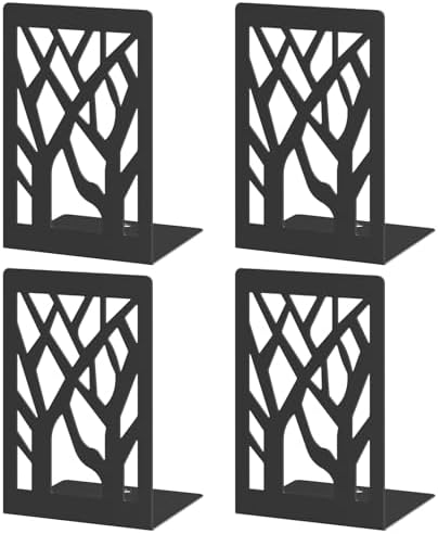 VFINE Book Ends 4 Pieces, Black Metal Decorative Tree Bookends for Shelves by VFINE