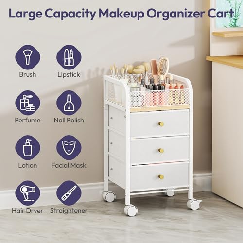 Rolling Makeup Organizer Cart - Under Desk Vanity Makeup Storage with 3 Non-woven Drawers, Nail Cart Organizer Cosmetic Display Cases Cabinet for Skin Care Perfume Nail Polish Brush Hair Tool - Image 6