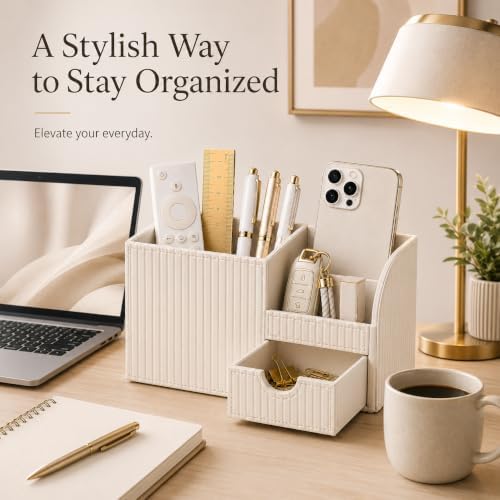 Luxury PU Leather Desk Organizer with Drawer, Modern Aesthetic Office Desk Accessories for Women, Multi-Compartment Pen Holder & Desktop Storage Organizer for Home Office, Cream White - Image 2