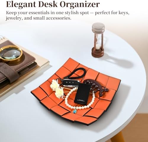 Valet Tray PU Leather Key Holder Bowl for Women and Men Entryway Table Nightstand Desk Tray for Wallet, Keys Men's Gift - Orange & Black, 9.8" L x 9.8" W x 2" H - Image 4