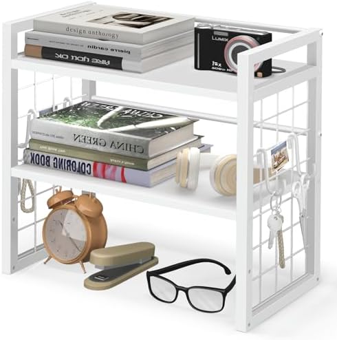 Desk Shelf Organizer, Tiered Wood Desktop Book Shelf, White by ELITEROO