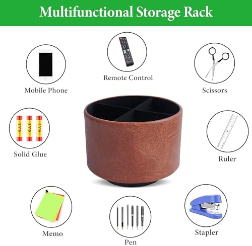 Round Leather Art Supply Organizer,Remote Control Holder,360 Degree Spinning,Multi-Functional Pencil Holder,4 Compartments Desktop Stationary Organizer(1-Crazy Red) - Image 5