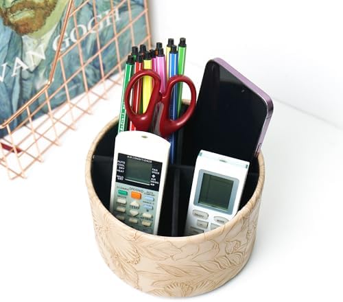 Round Leather Art Supply Organizer,Remote Control Holder,360 Degree Spinning,Multi-Functional Pencil Holder,4 Compartments Desktop Stationary Organizer(1-Carved Light Brown) - Image 6