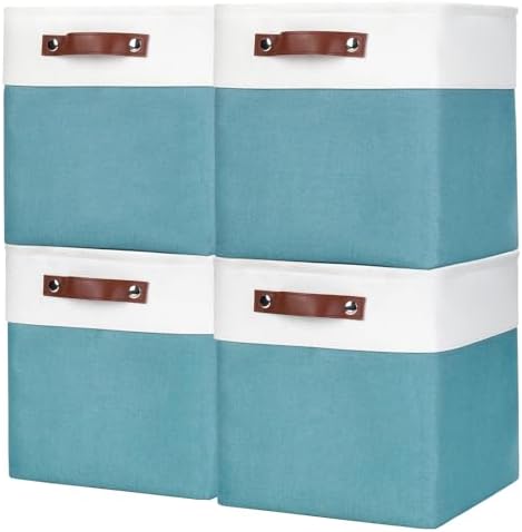 Collapsible Fabric Storage Cubes 11x11 Cube Storage Bins, 4 Pack Closet Baskets Box with Handles for Organizing, Shelf, Toys, Clothes, Home, Office, Nursery (Teal&White) by Bagnizer