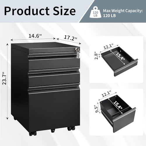 Filing Cabinets for Home Office, Mobile File Cabinet with Lock, 3 Drawer Filing Cabinet for A4/Letter/Legal Size Folder, Fully Assembled Except Casters, Matte Black - Image 2