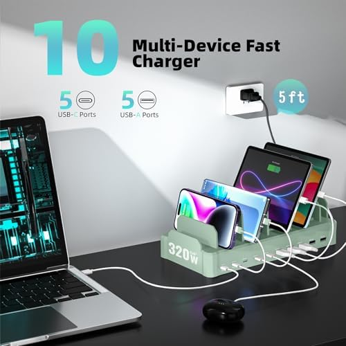 Charging Station for Multiple Devices, Zobirez 10-Port USB C Fast Charger Stations for MacBook, iPhone, Android Cell Phone, iPad, Tablet, Family Multi-Device Organizer Charging Dock, Green - Image 3