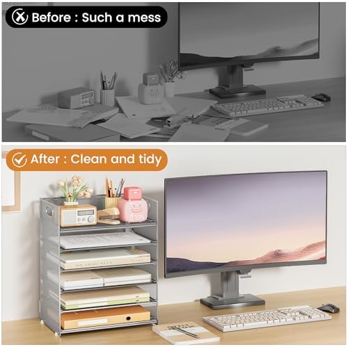 6 Tier Paper Organizer for Desk with Handle, Metal Mesh Desk Office File Folder Paper Letter Tray Accessories Organizer Sorter for Home, School, Office Desktop Document Organization - Silver - Image 2