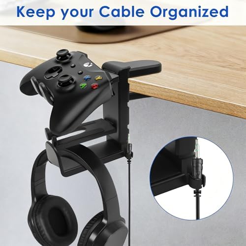 3 In 1 PC Gaming Headphone & Controller Stand Holder, Clamp On Headset Hanger with 360° Rotation Hook, Under Desk Cable Clip Organizer Earphone Storage Rack, Universal XBOX PS5 PS4 Switch Gift, Black - Image 6