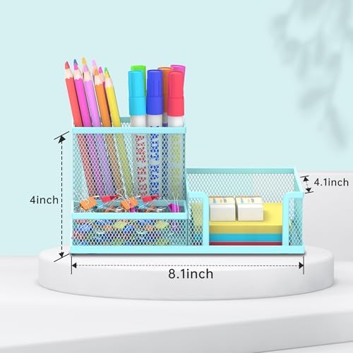 Mesh Pen Holder Desk Organizer, Office Supplies Pencil Storage with 3 Compartments, Office Desk Accessories and Workspace Organizers for Home School, Blue - Image 4