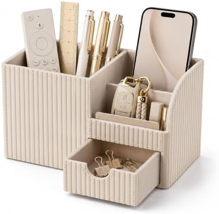 Luxury PU Leather Desk Organizer with Drawer, Modern Aesthetic Office Desk Accessories for Men & Women, Multi-Compartment Pen Holder & Desktop Storage Organizer for Home Office by KingfomLeatherHomeOfficeDecor