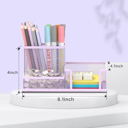 Mesh Pen Holder Desk Organizer, Office Supplies Pencil Storage with 3 Compartments, Office Desk Accessories and Workspace Organizers for Home School Classroom, Purple - Image 6