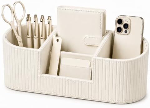 Faux Leather Desk Organizer, Office Desk Accessories Organizer with 4 Compartments, Modern Vanity Organizer for Pens, Makeup Brushes, Office Supplies, Remote Controls, Desk Decor for Home by KingfomLeatherHomeOfficeDecor