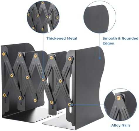 M&G Adjustable Bookends Book Ends for Shelves, Metal Bookend for Heavy Books, Desk Magazine File Organizer Holder Extends up to 20in, Book Stopper for Home, Office, Classroom (Black) - Image 4