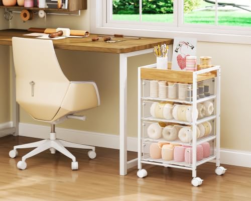 Rolling Cart with Drawers - Under Desk Storage Cart with Wheels, 4 Metal Drawers, Wood Top, Utility File Cart for Office Organization, Art, Craft, Classroom, Kitchen, Bedroom White - Image 2