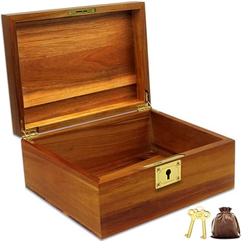 Wooden Box Decorative Large Acacia Wooden Storage Box with Hinged Lid and Locking Key Premium Keepsake Stash Box Lockable Chest for Keepsakes, Valuables, Accessories, Treasured Items(Lock No Grid) by WELITTCON