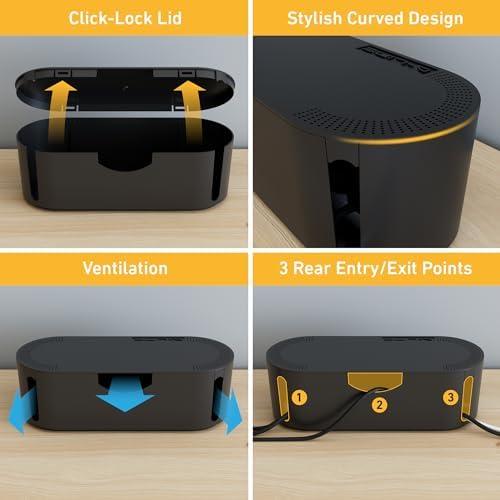 D-Line Cable Management Box, Power Strip Cover, Floor Outlet Hider, Desk Cord Organizer, Hide Extension Leads, 12.75" (L) x 5" (W) x 4.5" (H), for use with Power Strips up to 10.5in (L) - Small, Black - Image 5