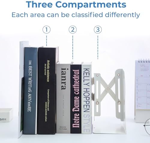 M&G Adjustable Bookends Book Ends for Shelves, Metal Bookend for Heavy Books, Desk Magazine File Organizer Holder Extends up to 20in, Book Stopper for Home, Office, Classroom (White) - Image 3