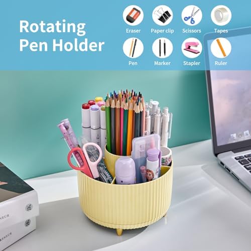 Marbrasse Desk Organizer, 360-Degree Rotating Pen Holder, Desk Organizers and Accessories with 5 Compartments Pencil Holder, Art Supply Storage Box Caddy for Office, Home (Yellow) - Image 3
