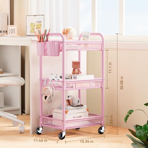 YASONIC 3 Tier Metal Rolling Cart, Pink Utility Storage Cart with Wheels - Image 6