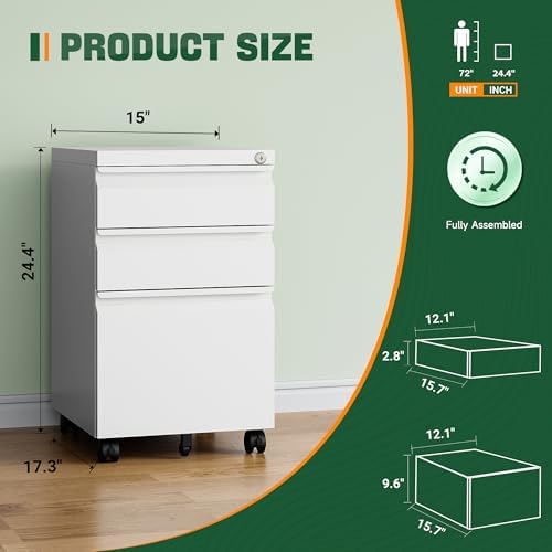 3 Drawer Mobile File Cabinet with Lock, Under Desk Metal Filing Cabinets for Home Office Organizer Letters/Legal/A4(Fully Assembled-White) (Pack of 2) - Image 2