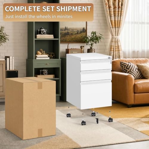White 3 Drawer Metal File Cabinet with Lock and Casters - Image 6