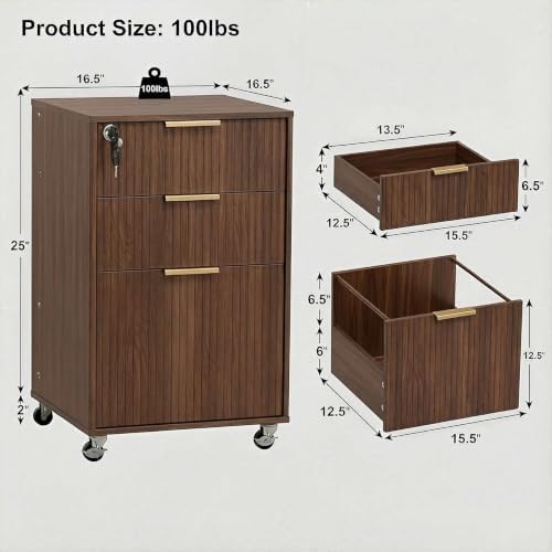 3 Drawers Fluted Mobile File Cabinet with Lock, Rolling File Cabinet Printer Stand Table, Under Desk Wooden Filing Cabinets for Home Office Essentials Storage Organization Furniture Letters/A4(Walnut) - Image 2