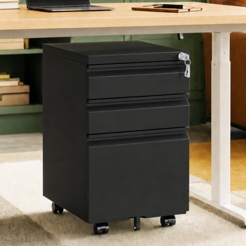 3 Drawer File Cabinet with Lock and Casters, Black by Unknown